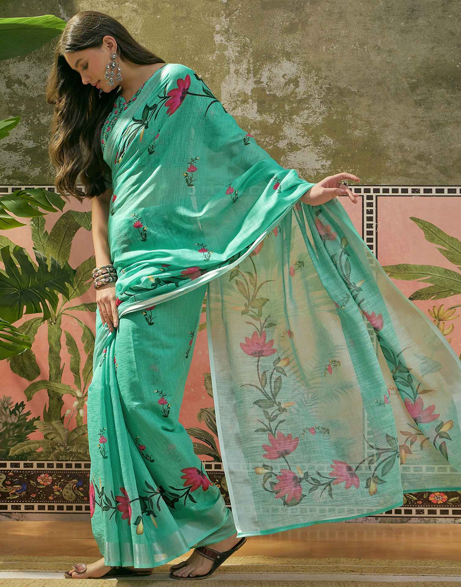 Mint Green Linen Floral Printed Saree
