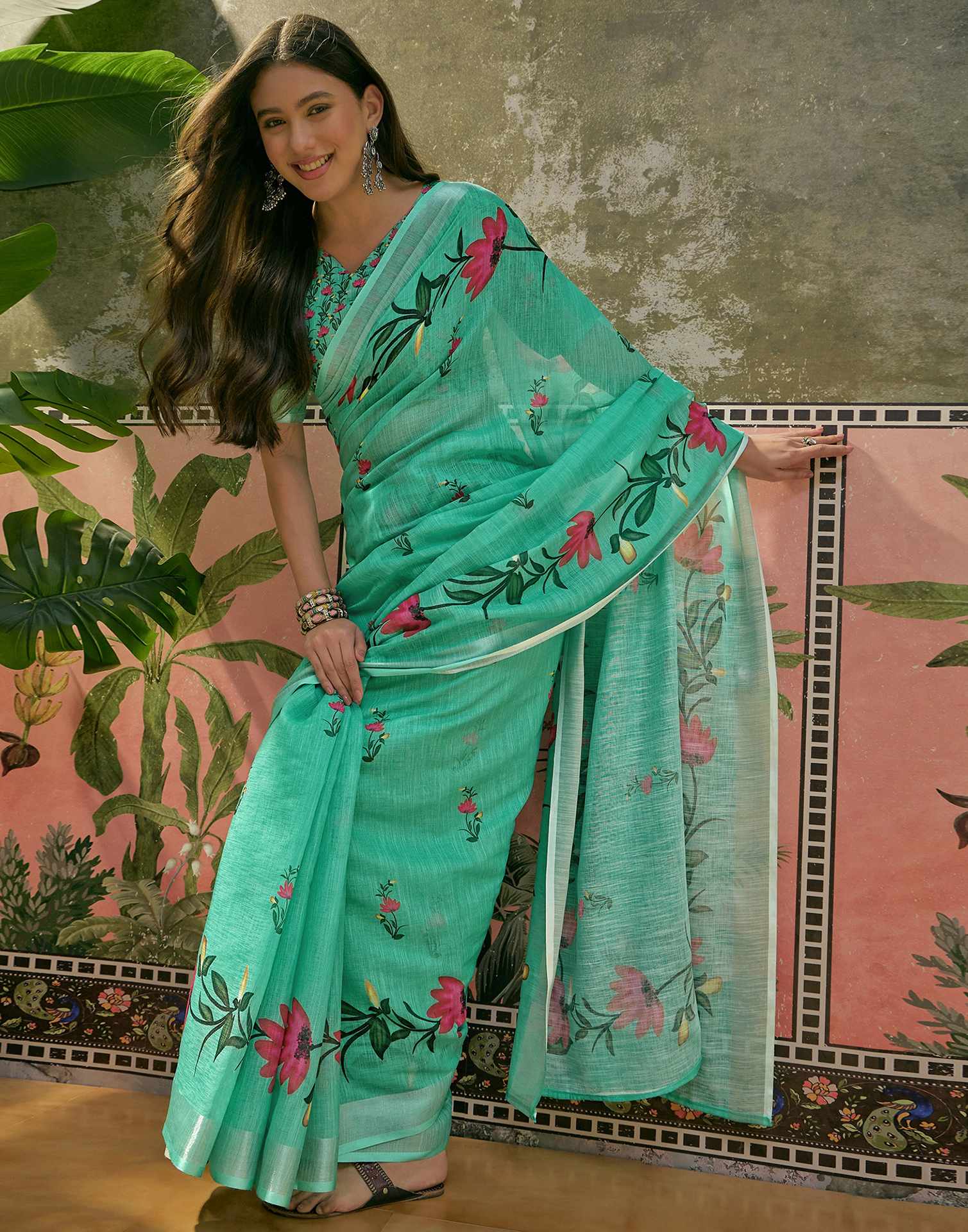 Mint Green Linen Floral Printed Saree