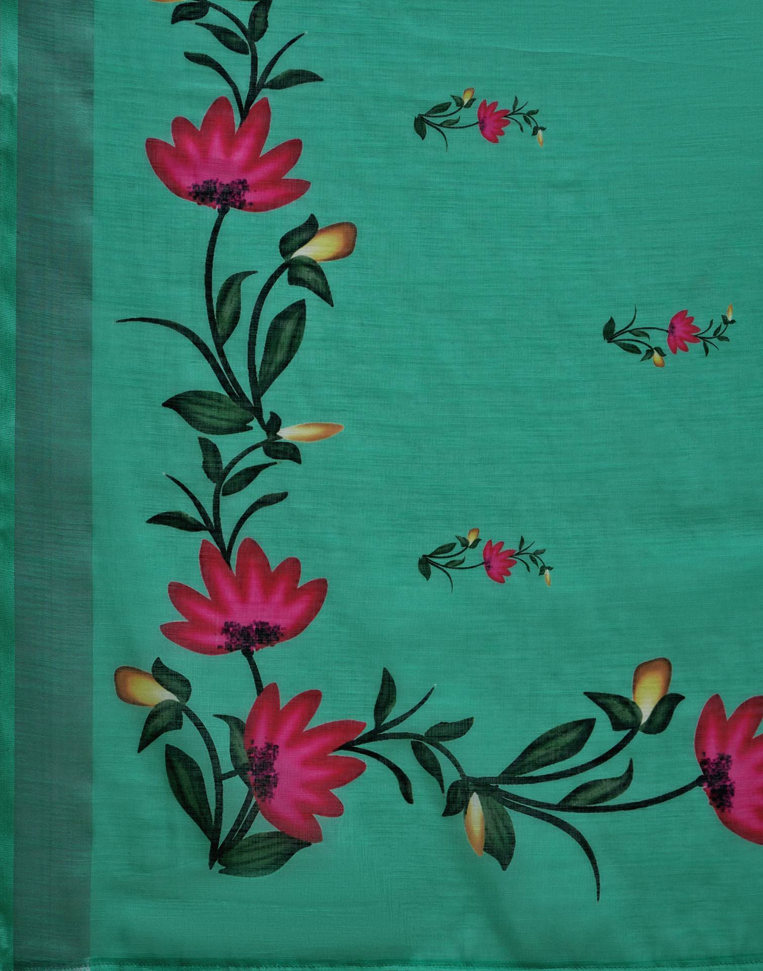 Mint Green Linen Floral Printed Saree