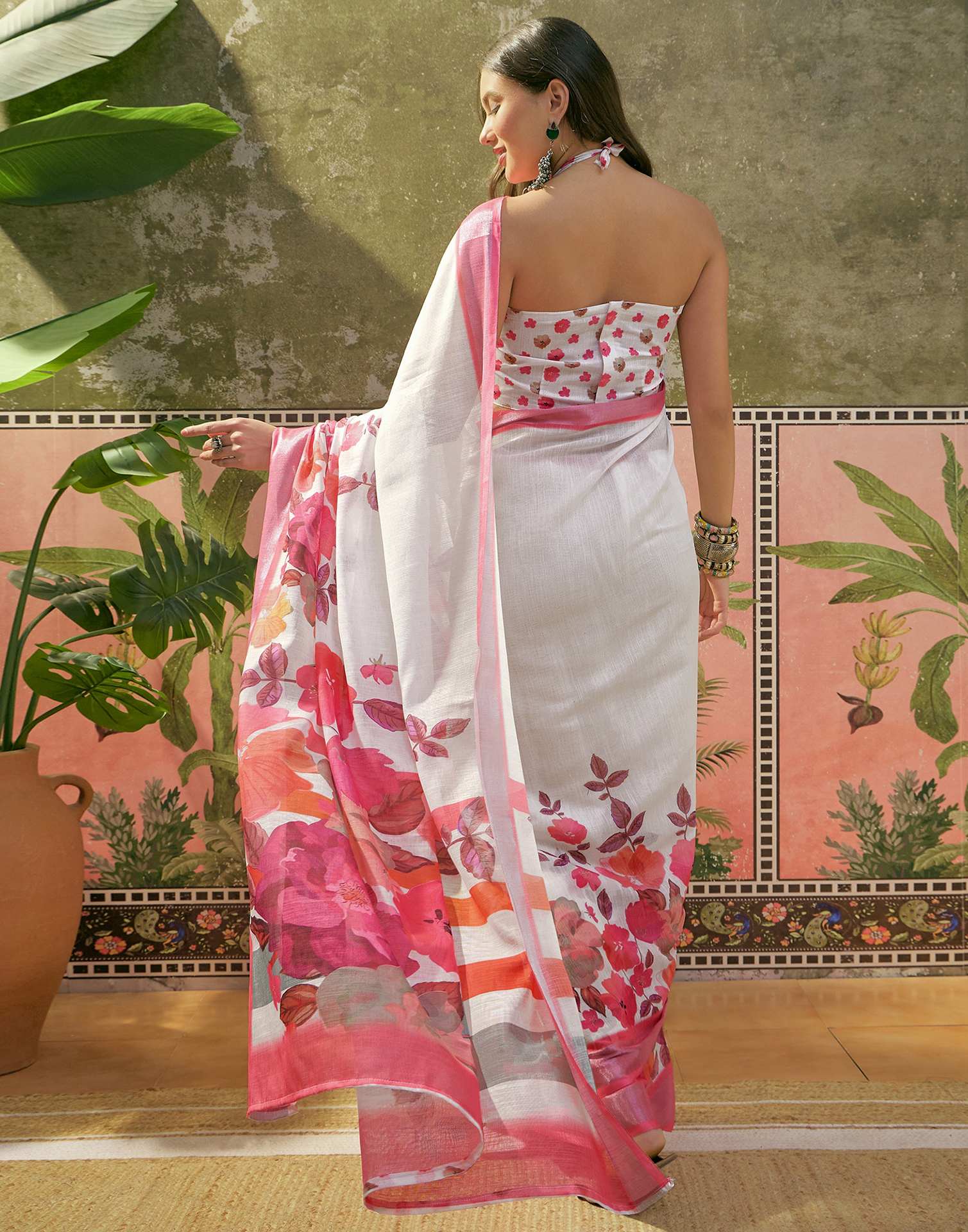 White Linen Floral Printed Saree
