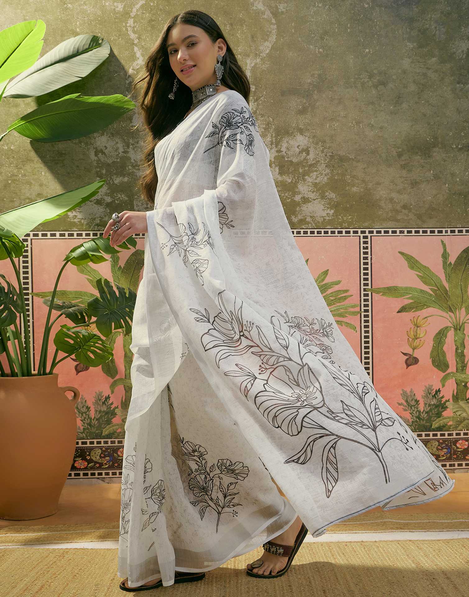 White Linen Floral Printed Saree