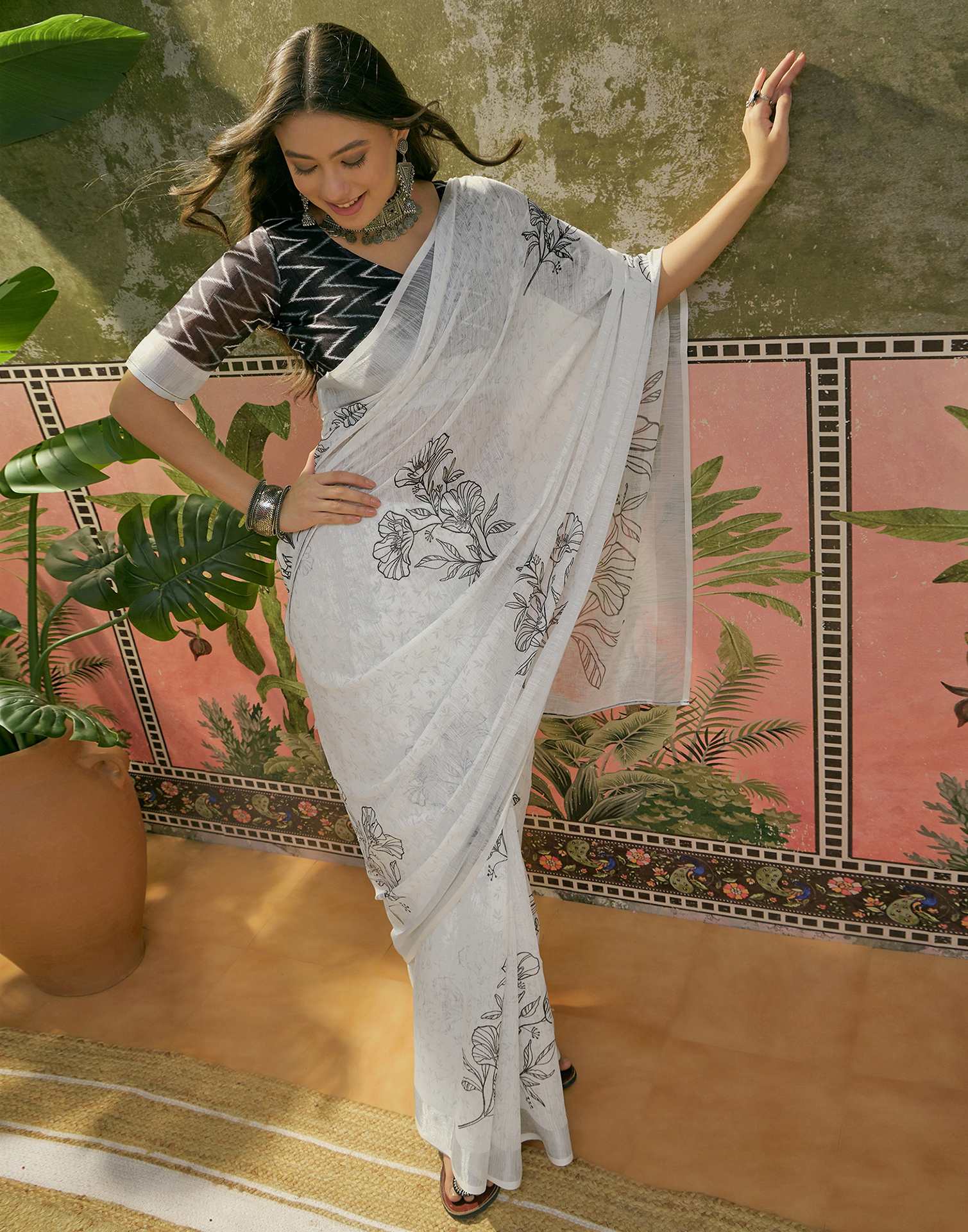 White Linen Floral Printed Saree