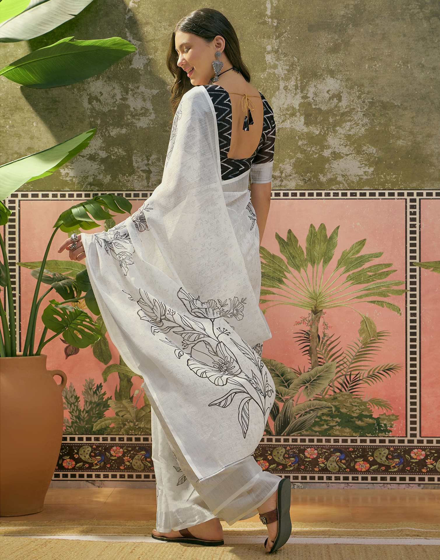 White Linen Floral Printed Saree