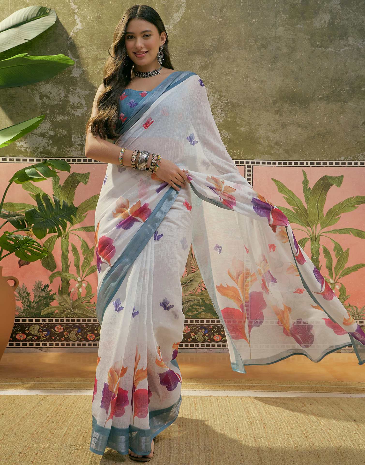White Linen Floral Printed Saree
