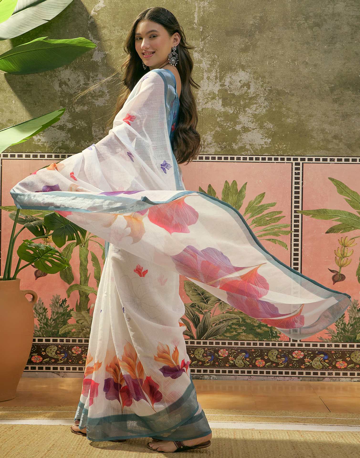 White Linen Floral Printed Saree