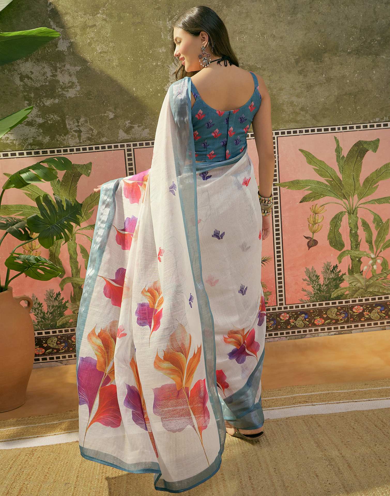 White Linen Floral Printed Saree