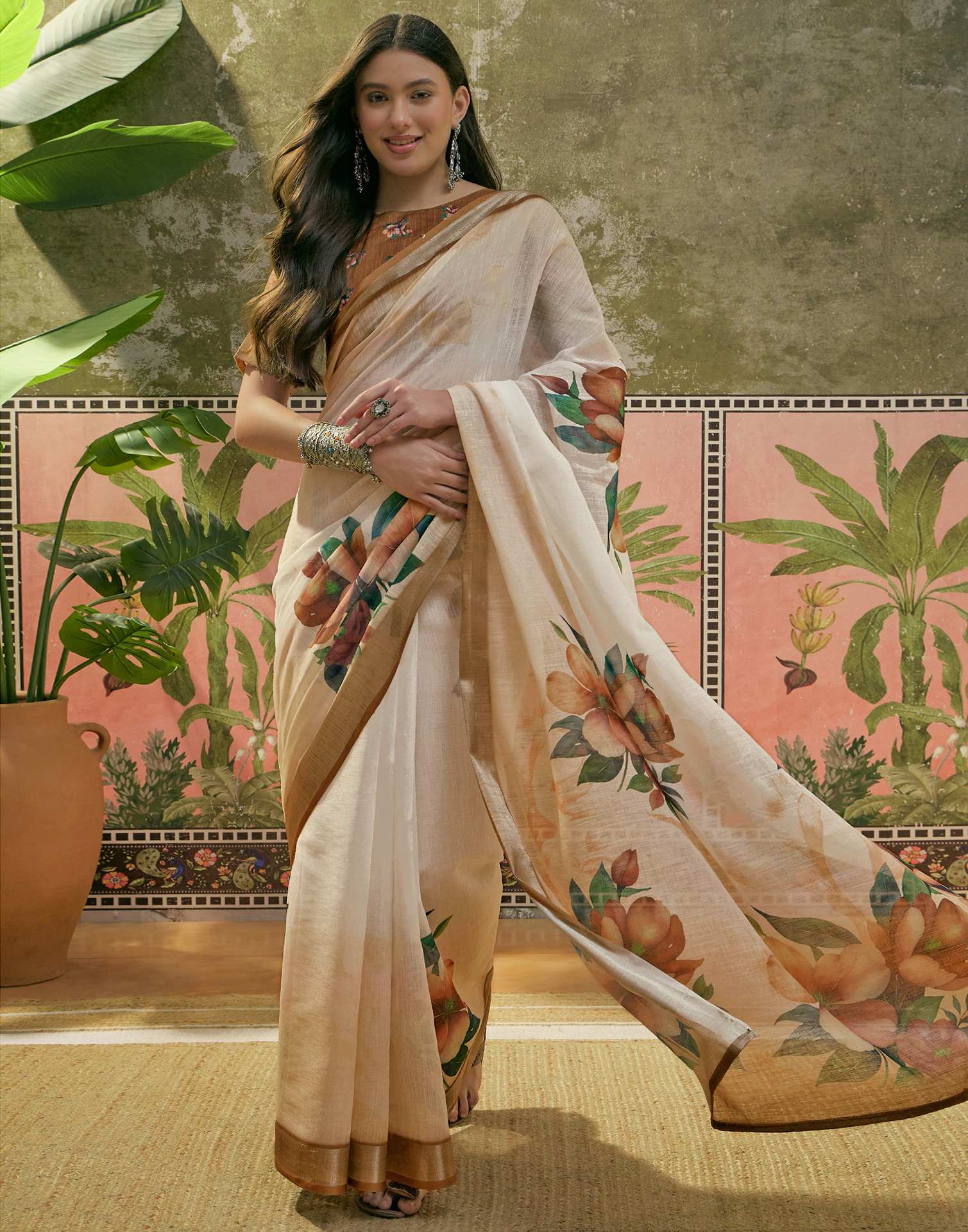 White Linen Floral Printed Saree