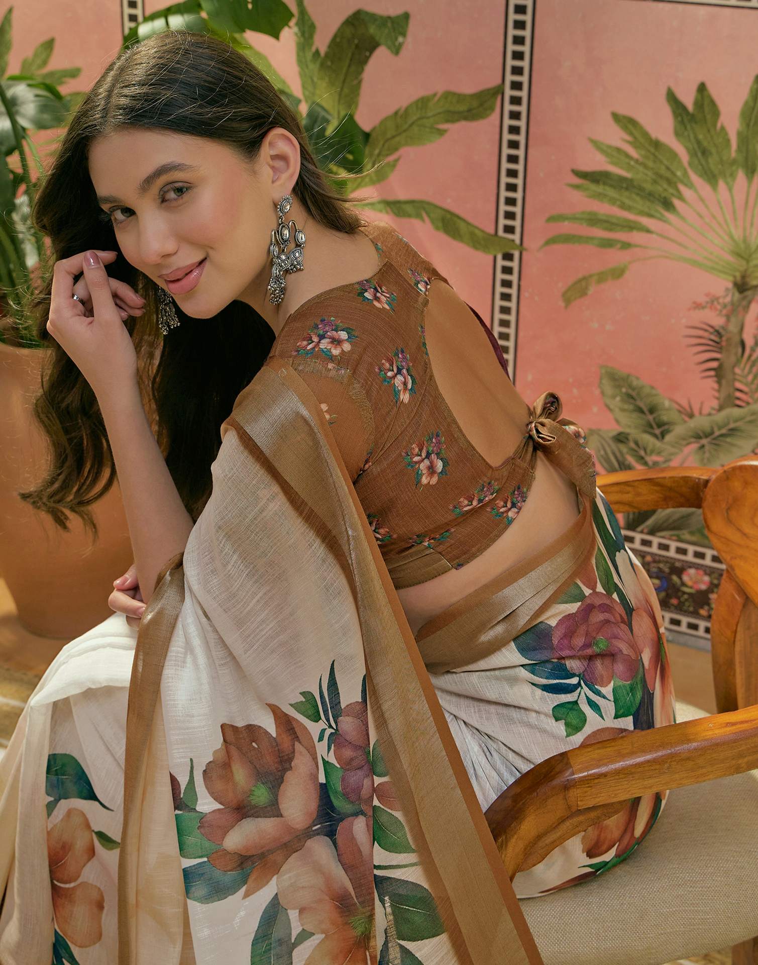 White Linen Floral Printed Saree