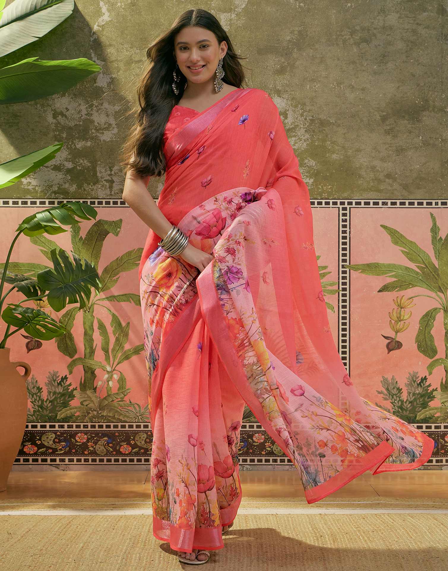 Coral Pink Linen Floral Printed Saree