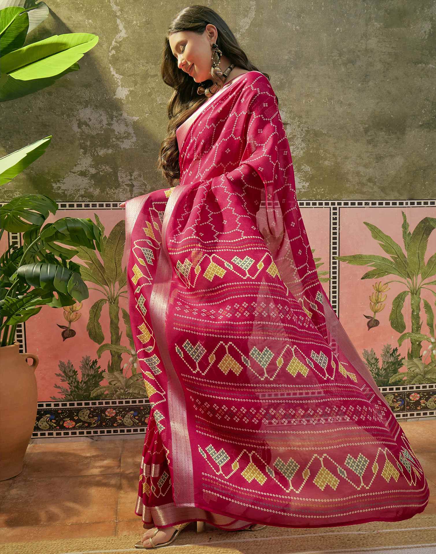 Rani Pink Georgette Bandhani Printed Saree