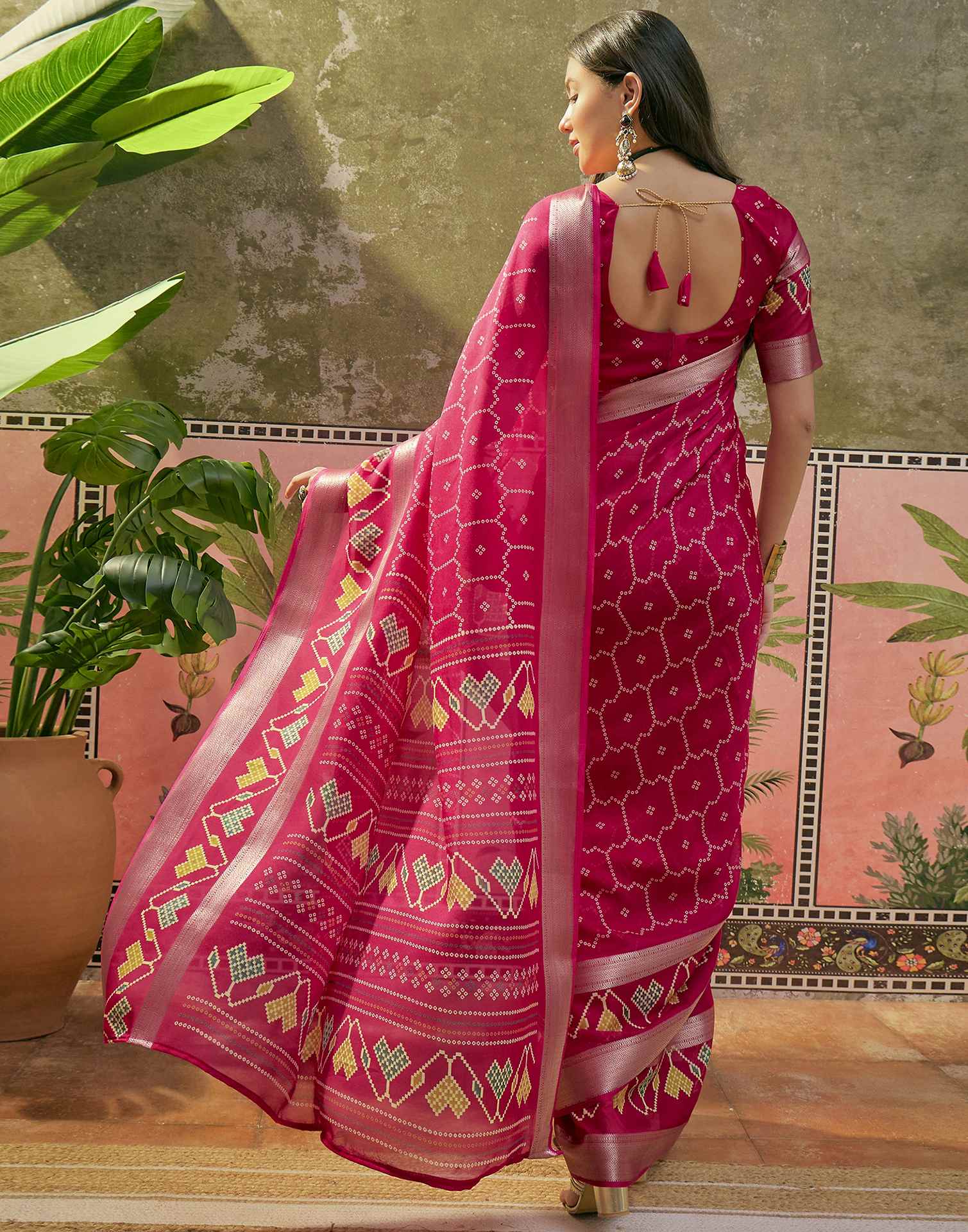 Rani Pink Georgette Bandhani Printed Saree