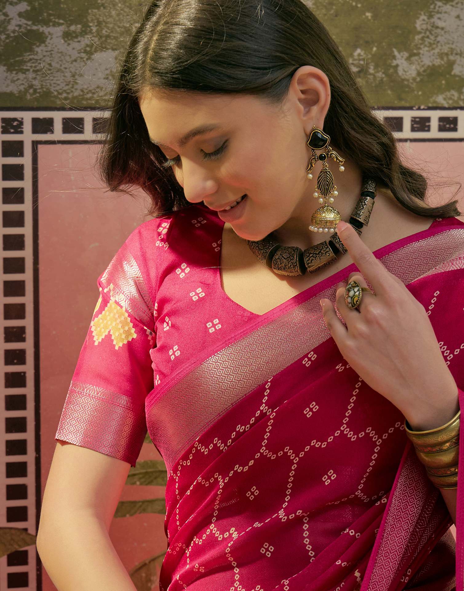 Rani Pink Georgette Bandhani Printed Saree