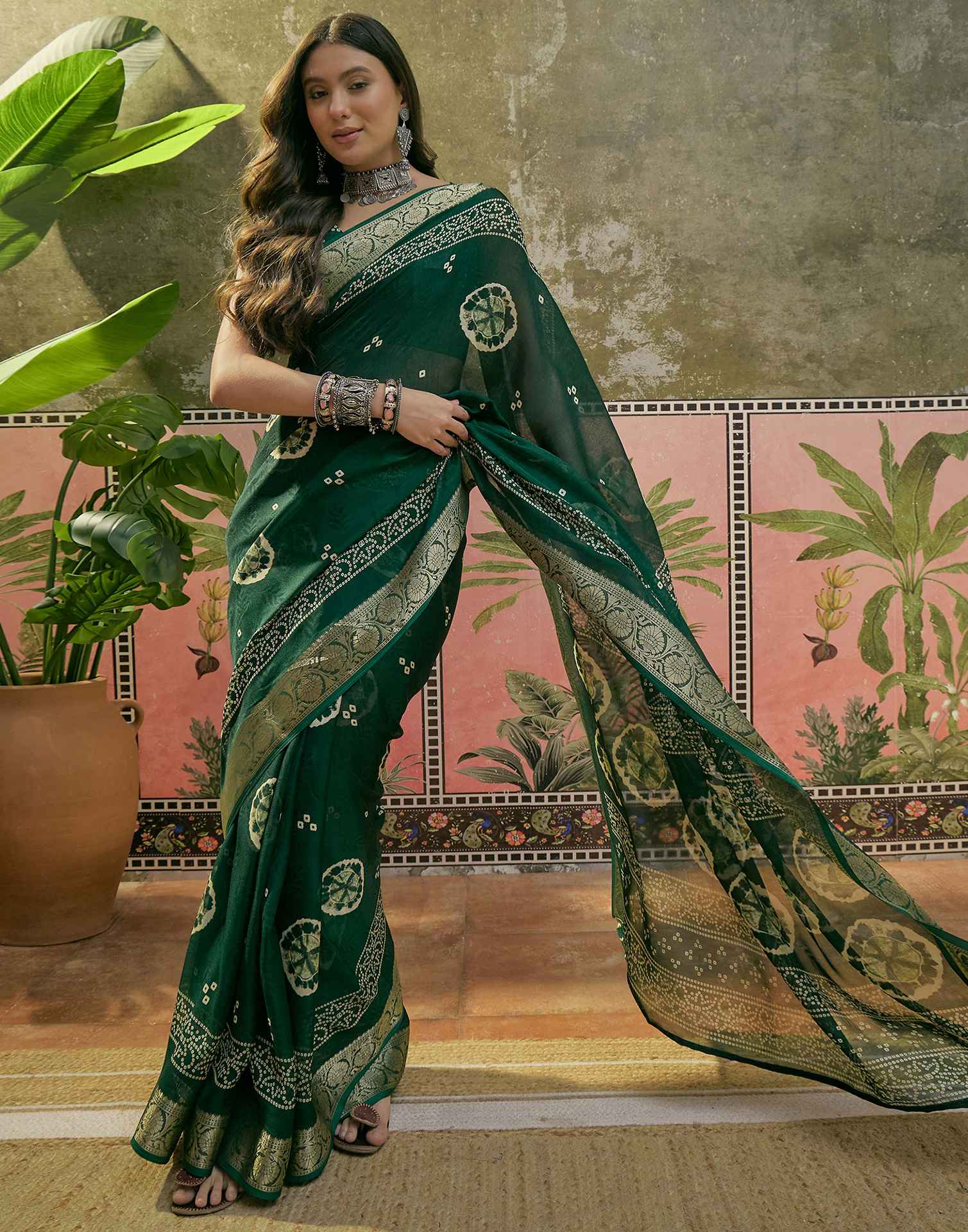 Dark Green Georgette Bandhani Printed Saree