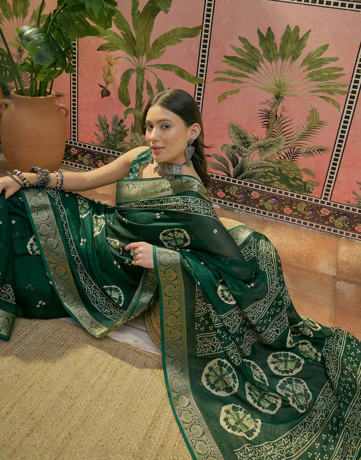 Dark Green Georgette Bandhani Printed Saree