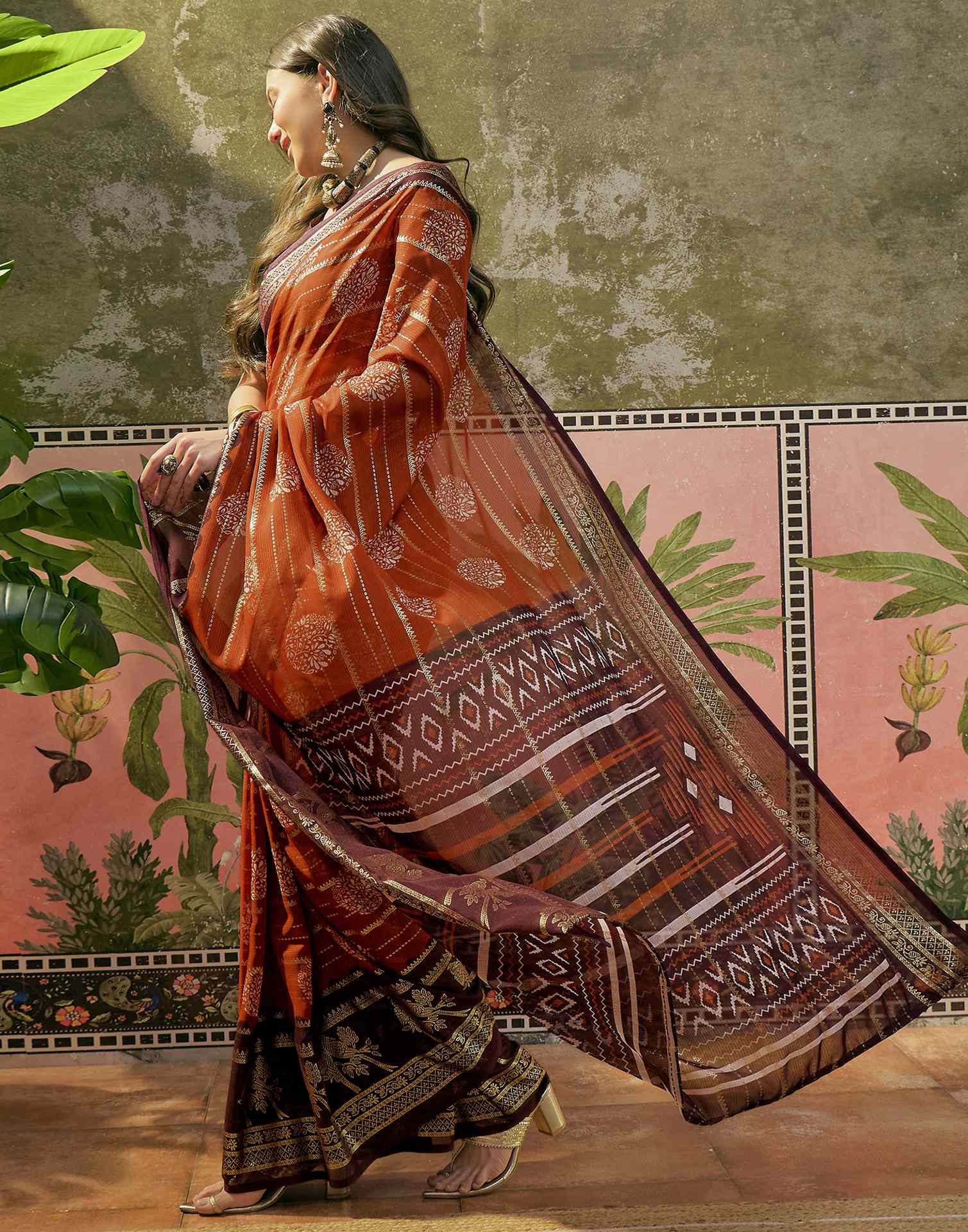 Rust Georgette Foil Printed Saree