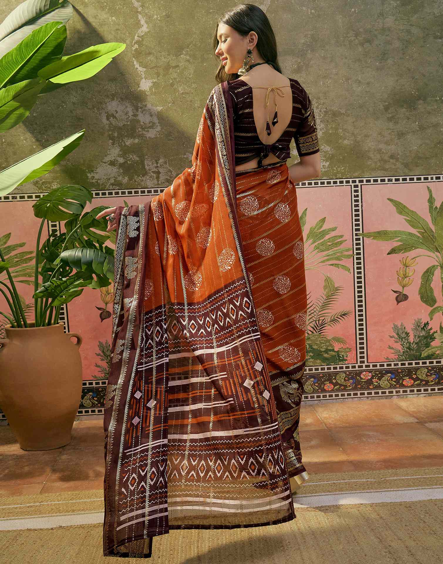 Rust Georgette Foil Printed Saree
