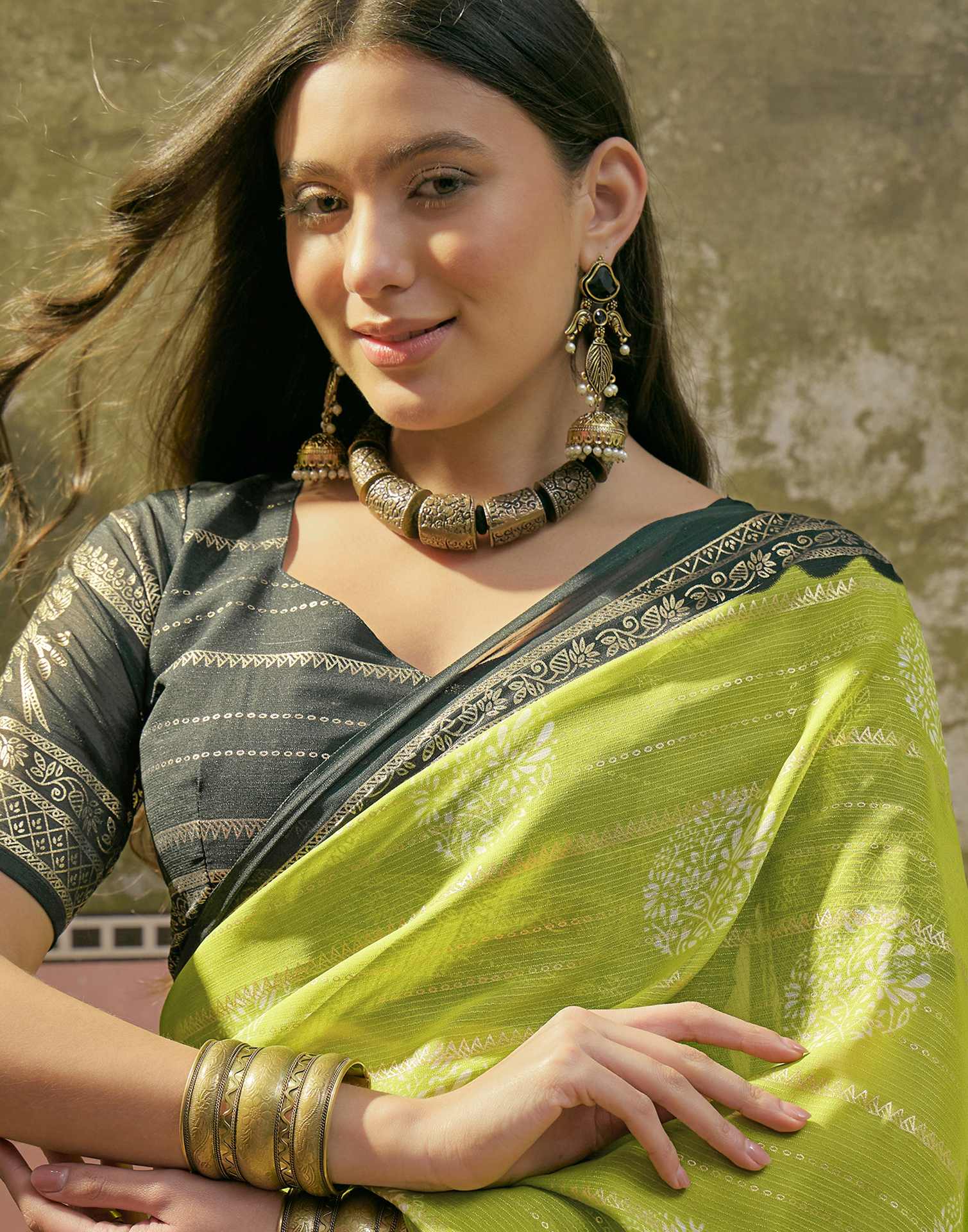 Parrot Green Georgette Foil Printed Saree