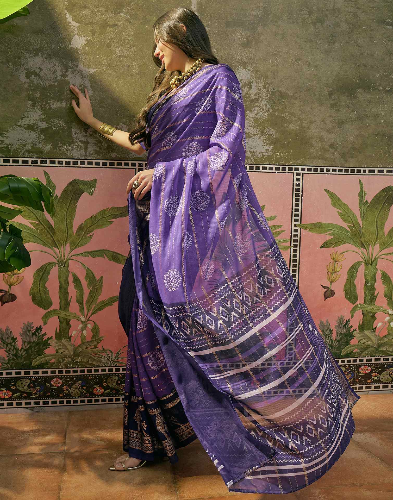 Purple Georgette Foil Printed Saree