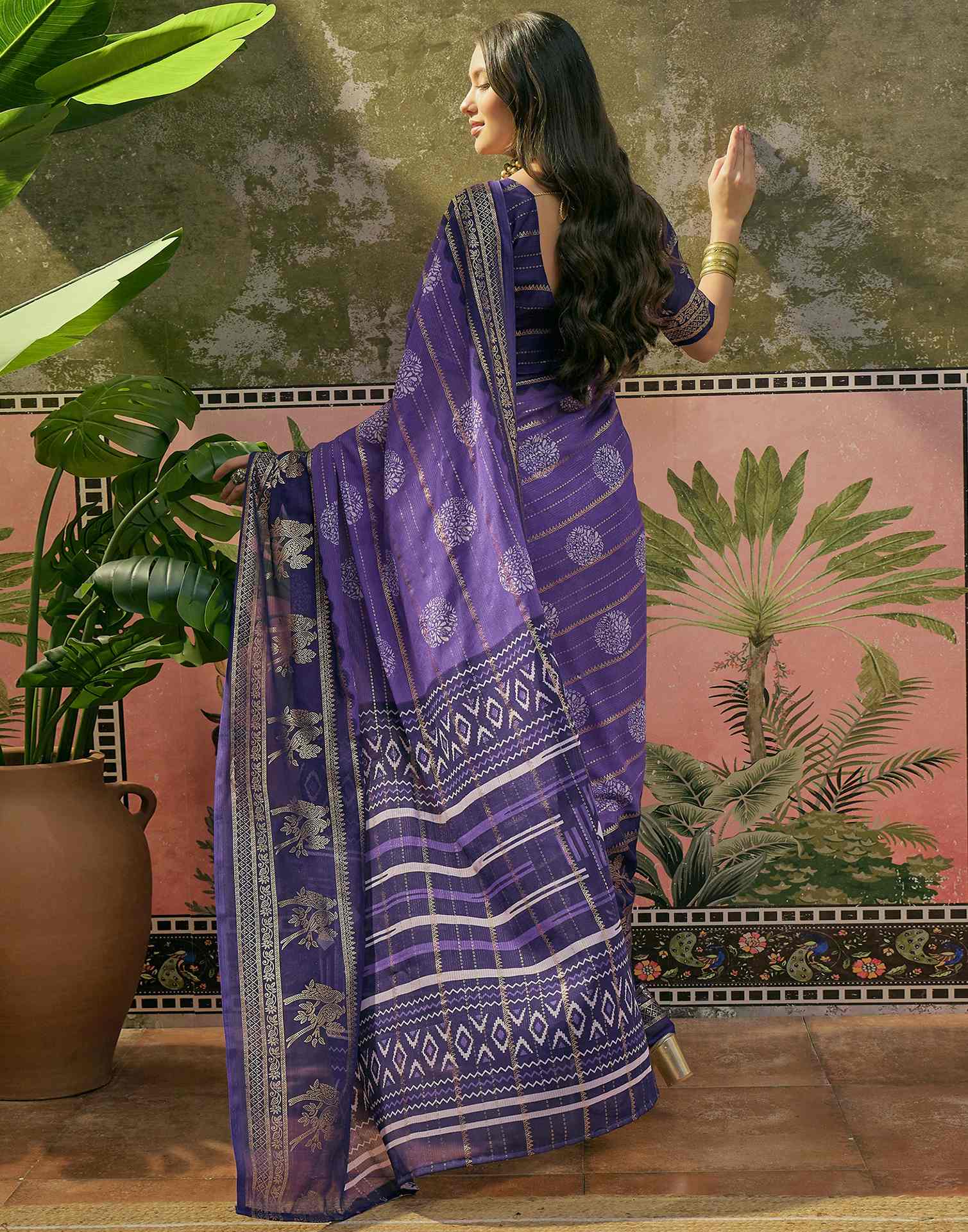 Purple Georgette Foil Printed Saree