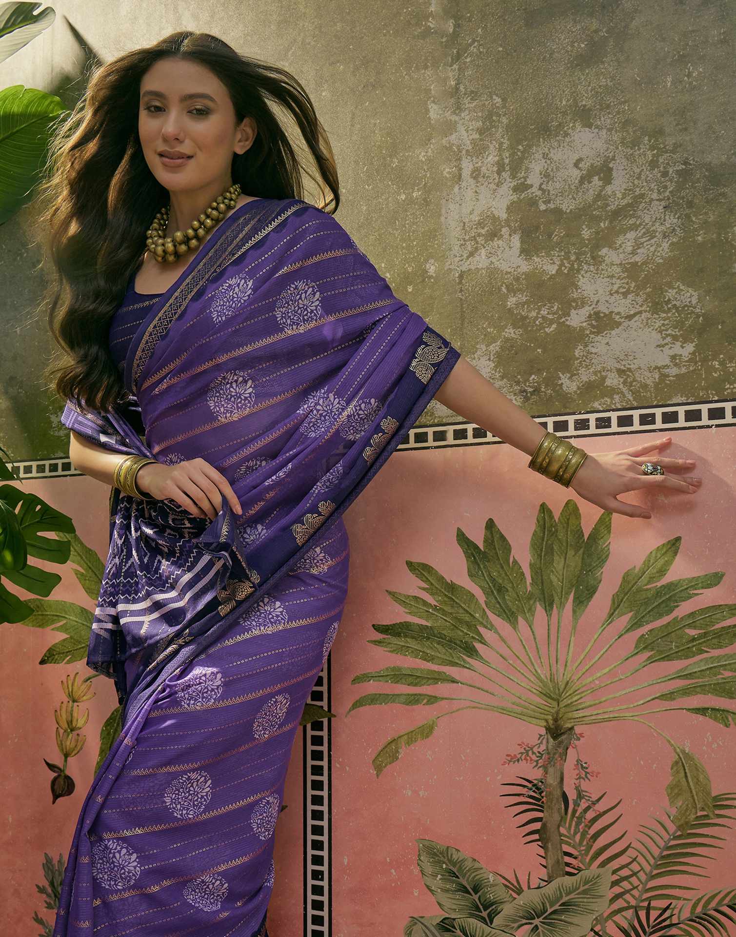 Purple Georgette Foil Printed Saree