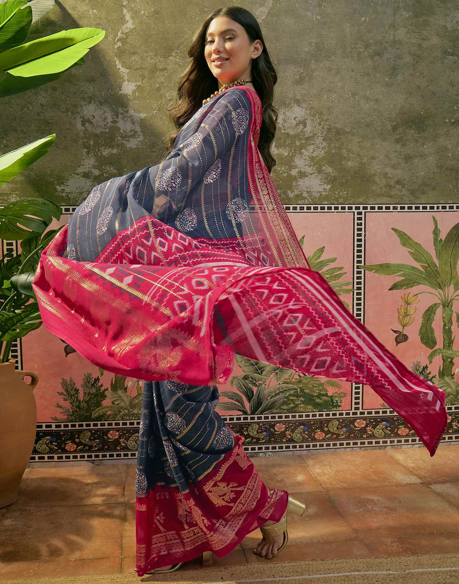 Blue Georgette Foil Printed Saree