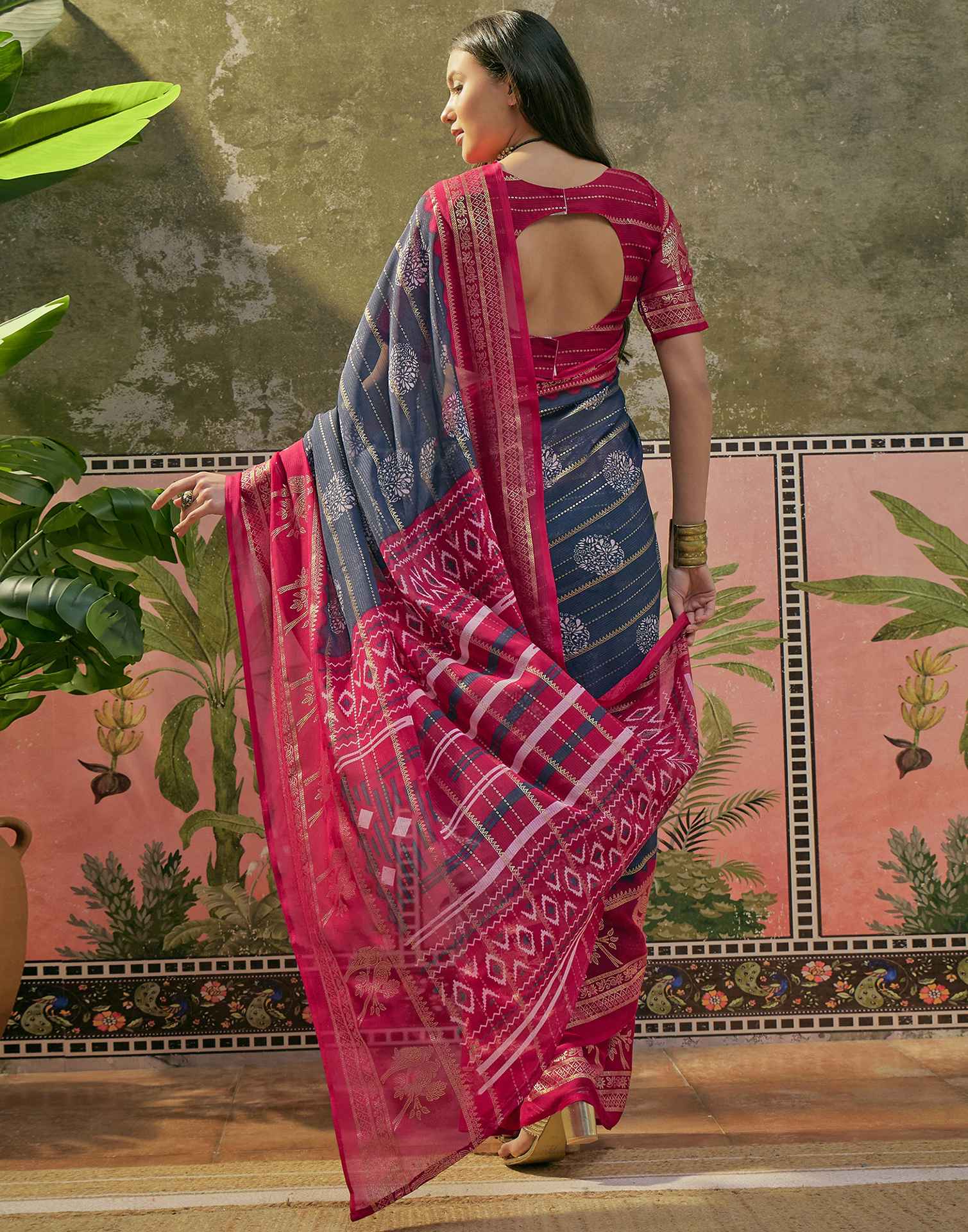 Blue Georgette Foil Printed Saree