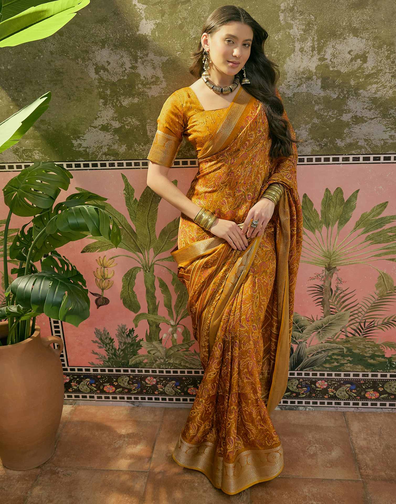 Mustard Yellow Georgette Printed Saree