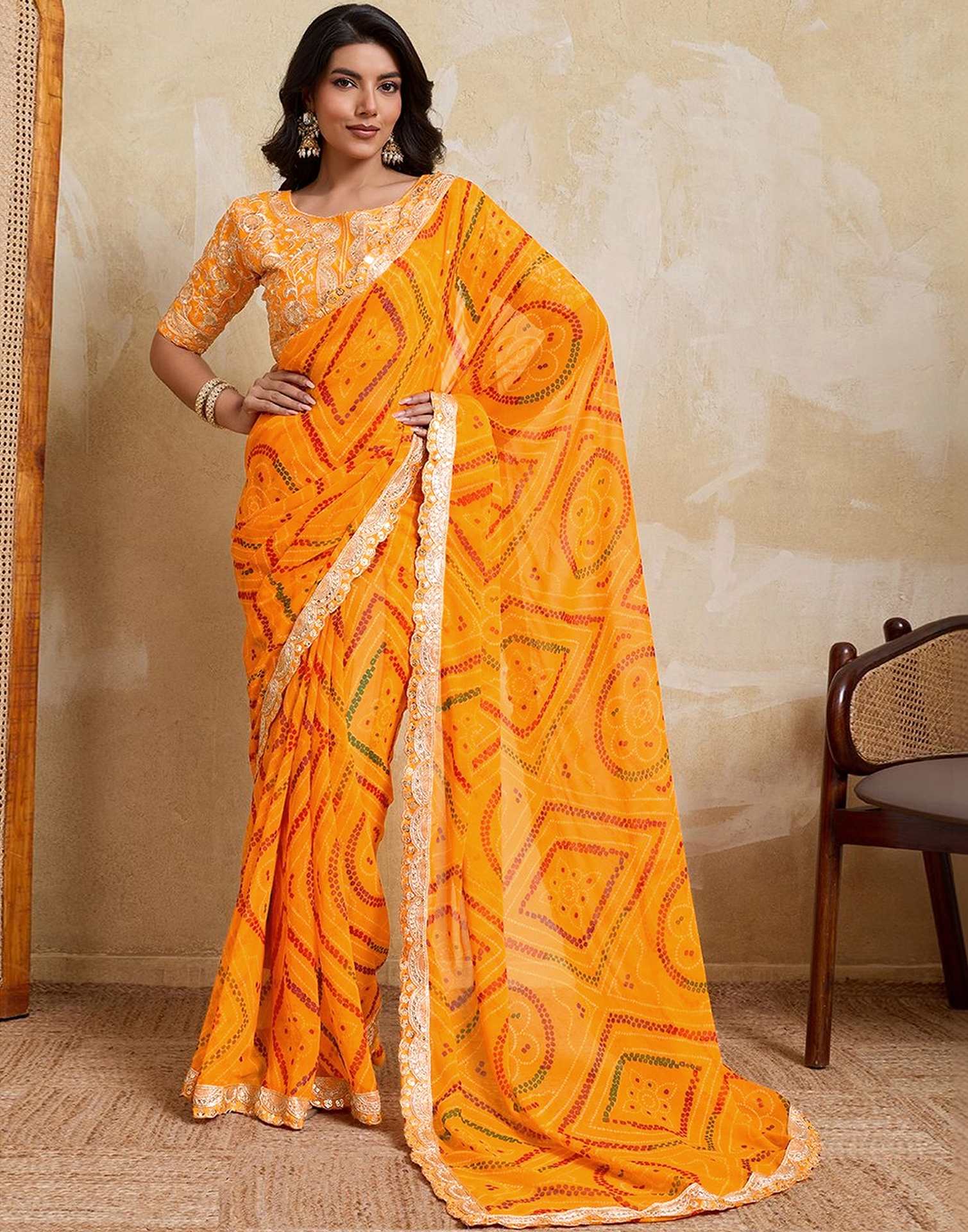 Yellow Georgette Bandhani Printed Saree