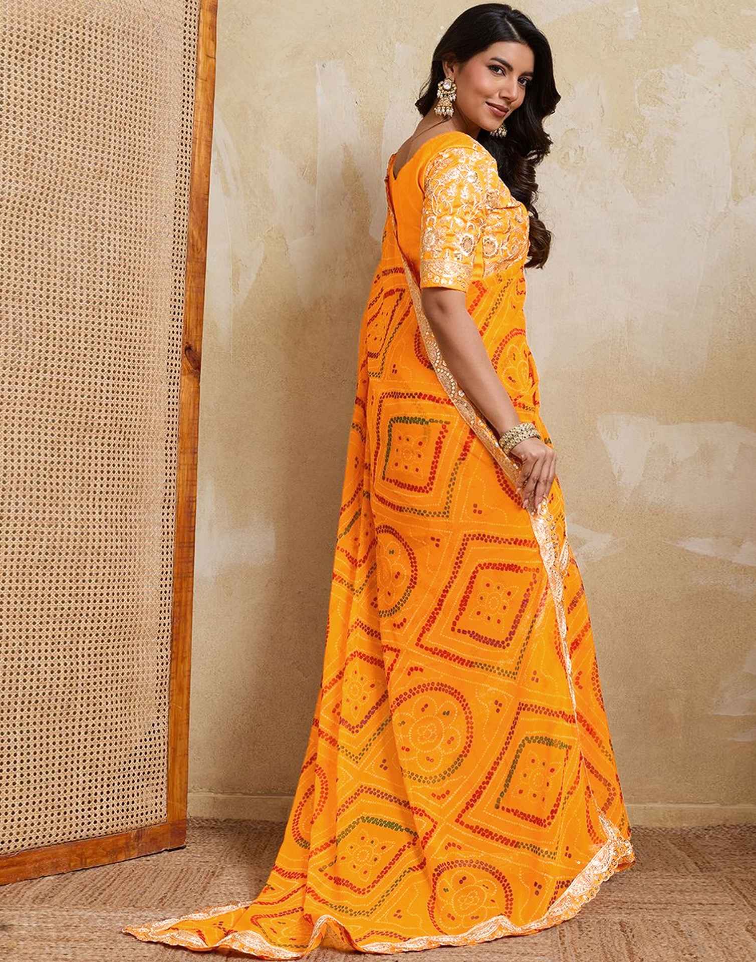 Yellow Georgette Bandhani Printed Saree