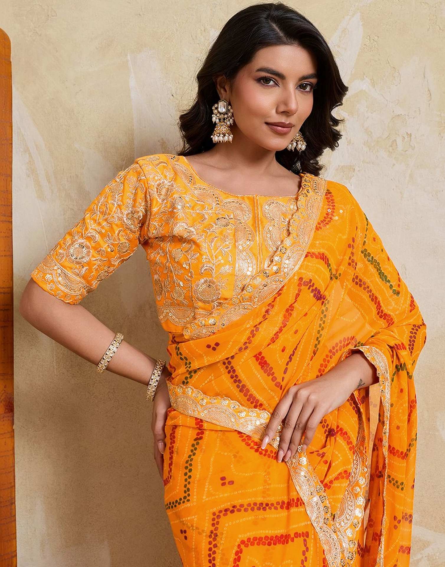 Yellow Georgette Bandhani Printed Saree