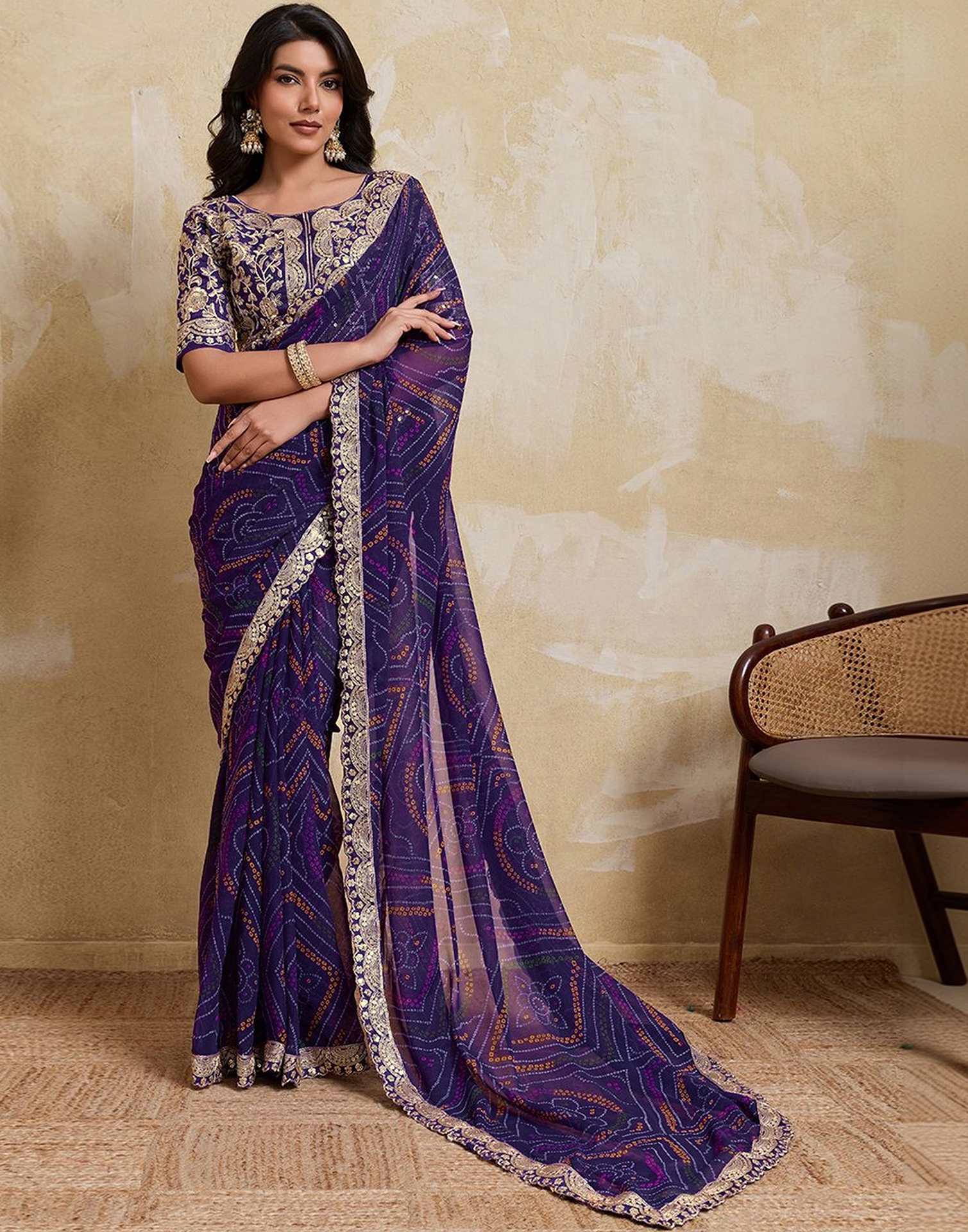Purple Georgette Bandhani Printed Saree