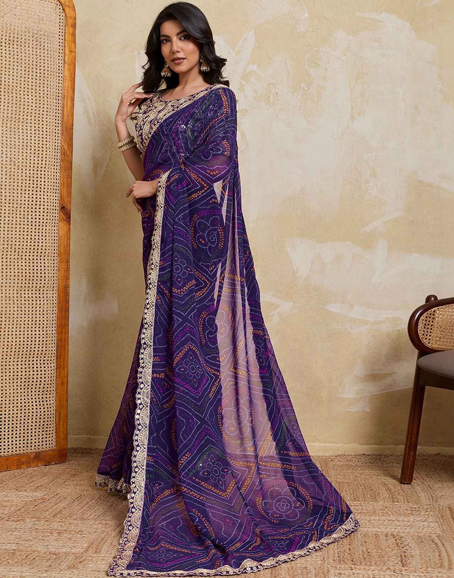 Purple Georgette Bandhani Printed Saree
