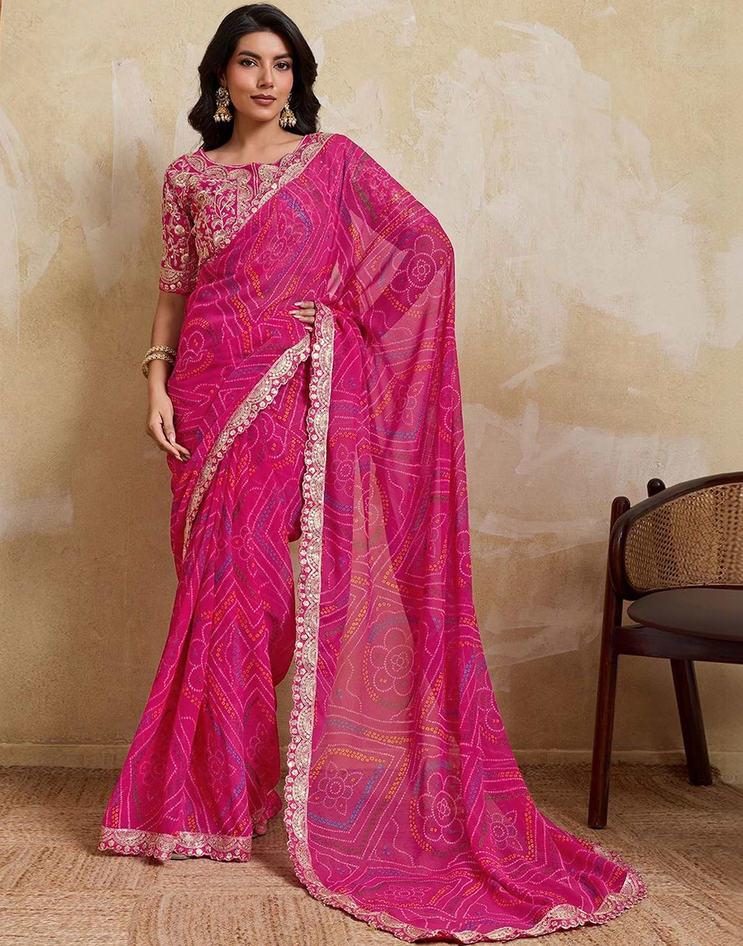 Rani Pink Georgette Bandhani Printed Saree