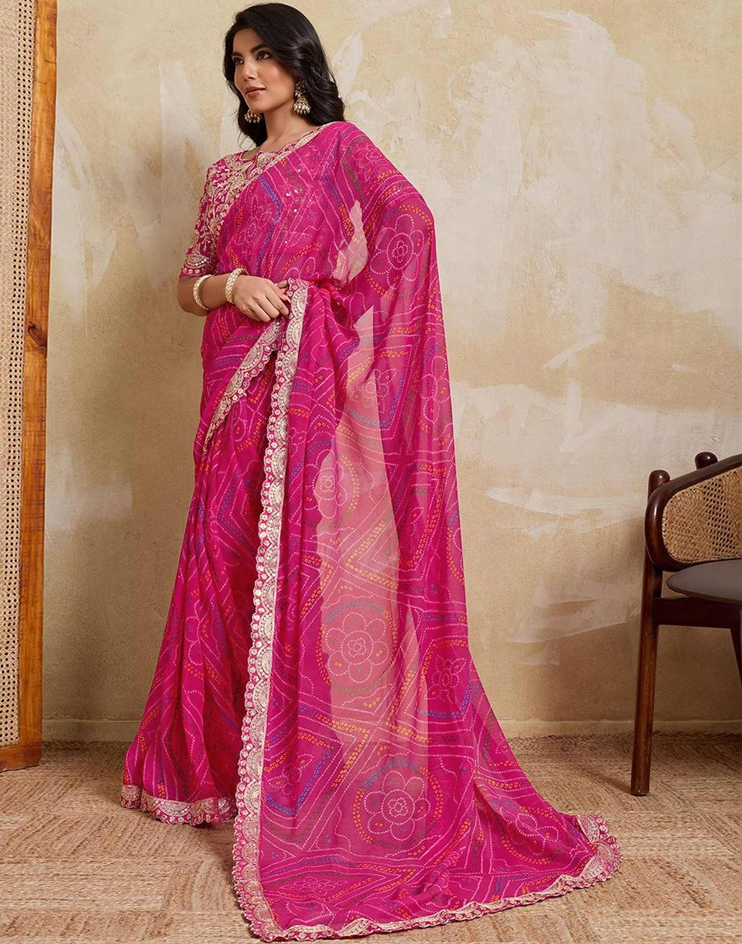 Rani Pink Georgette Bandhani Printed Saree