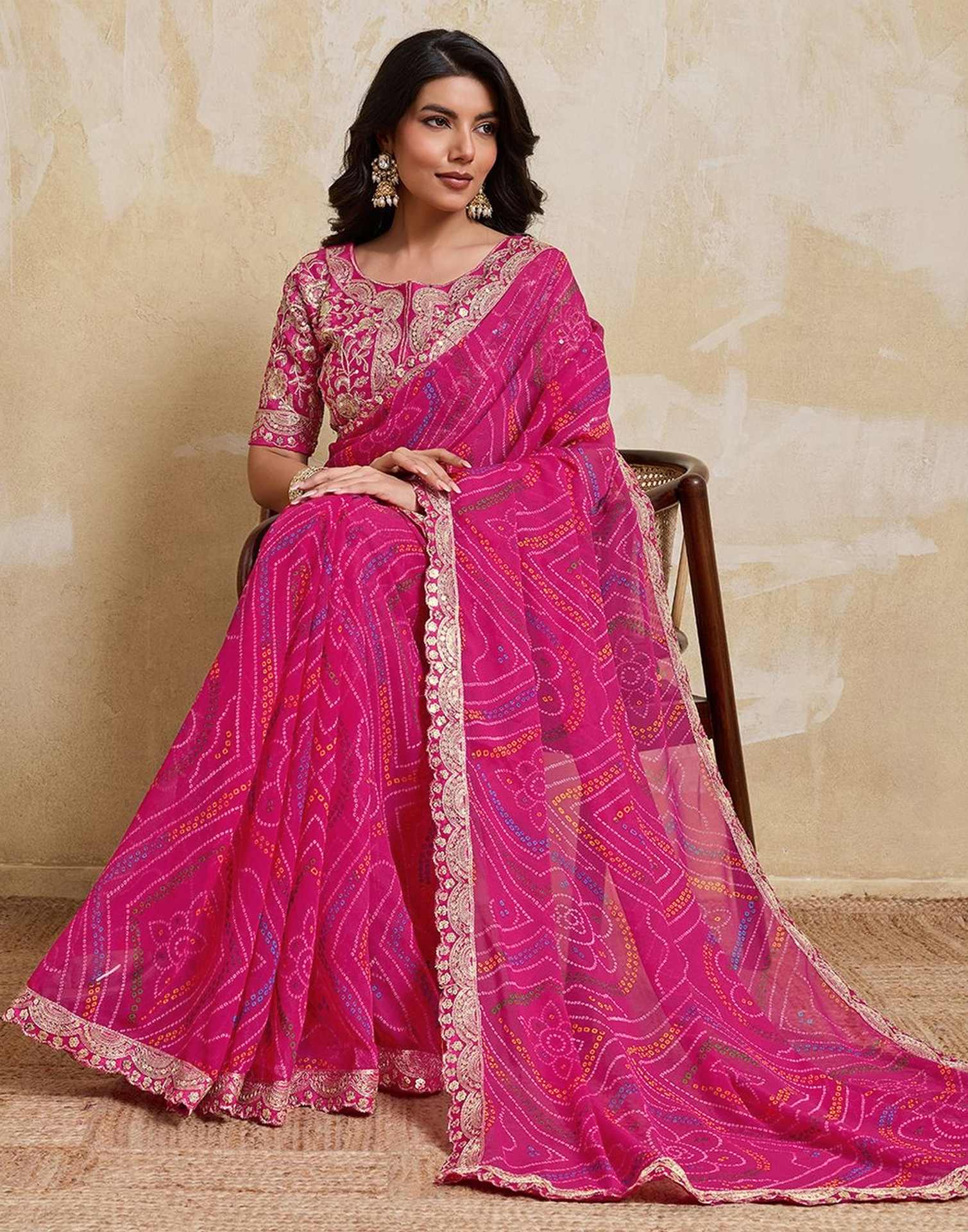 Rani Pink Georgette Bandhani Printed Saree