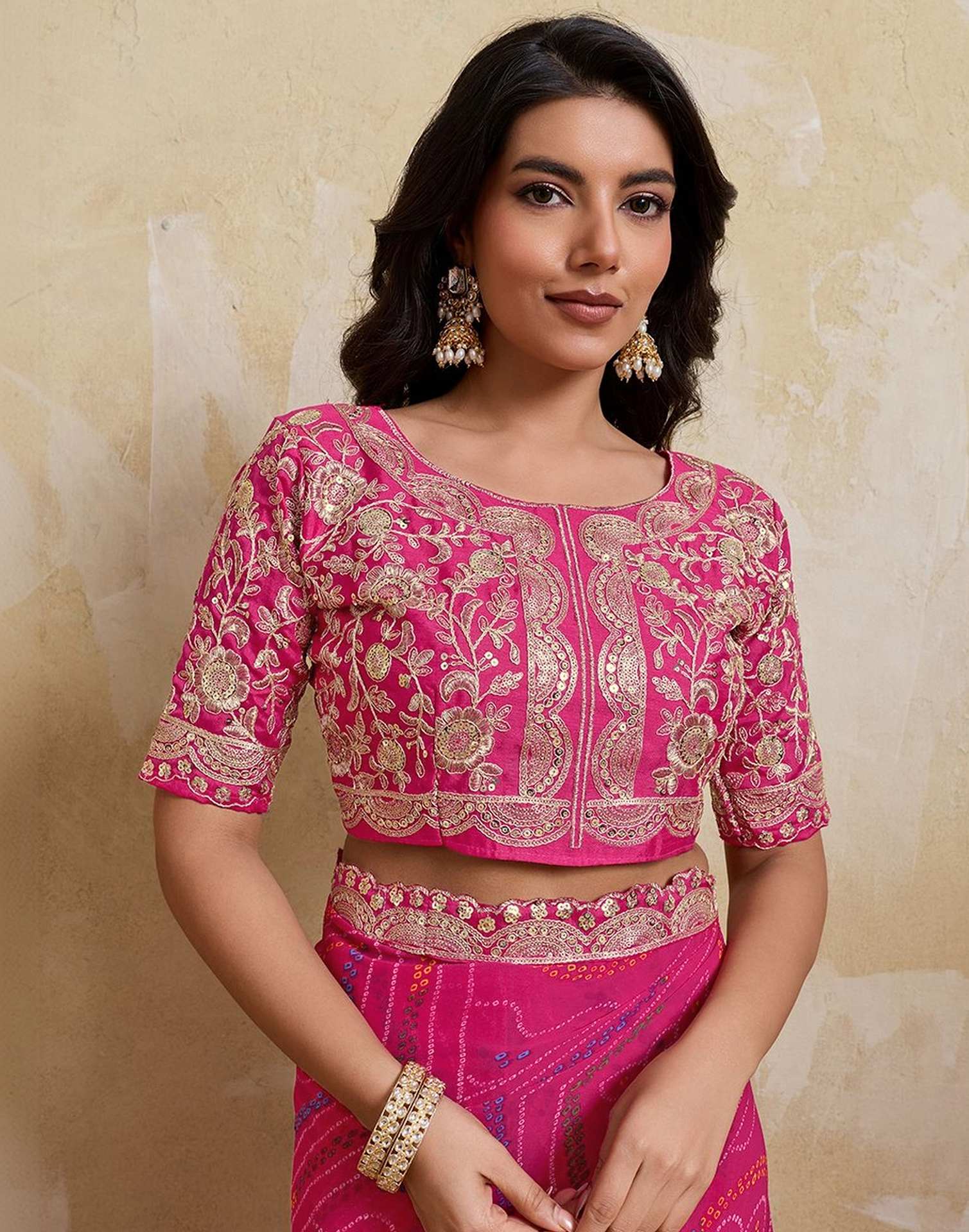 Rani Pink Georgette Bandhani Printed Saree