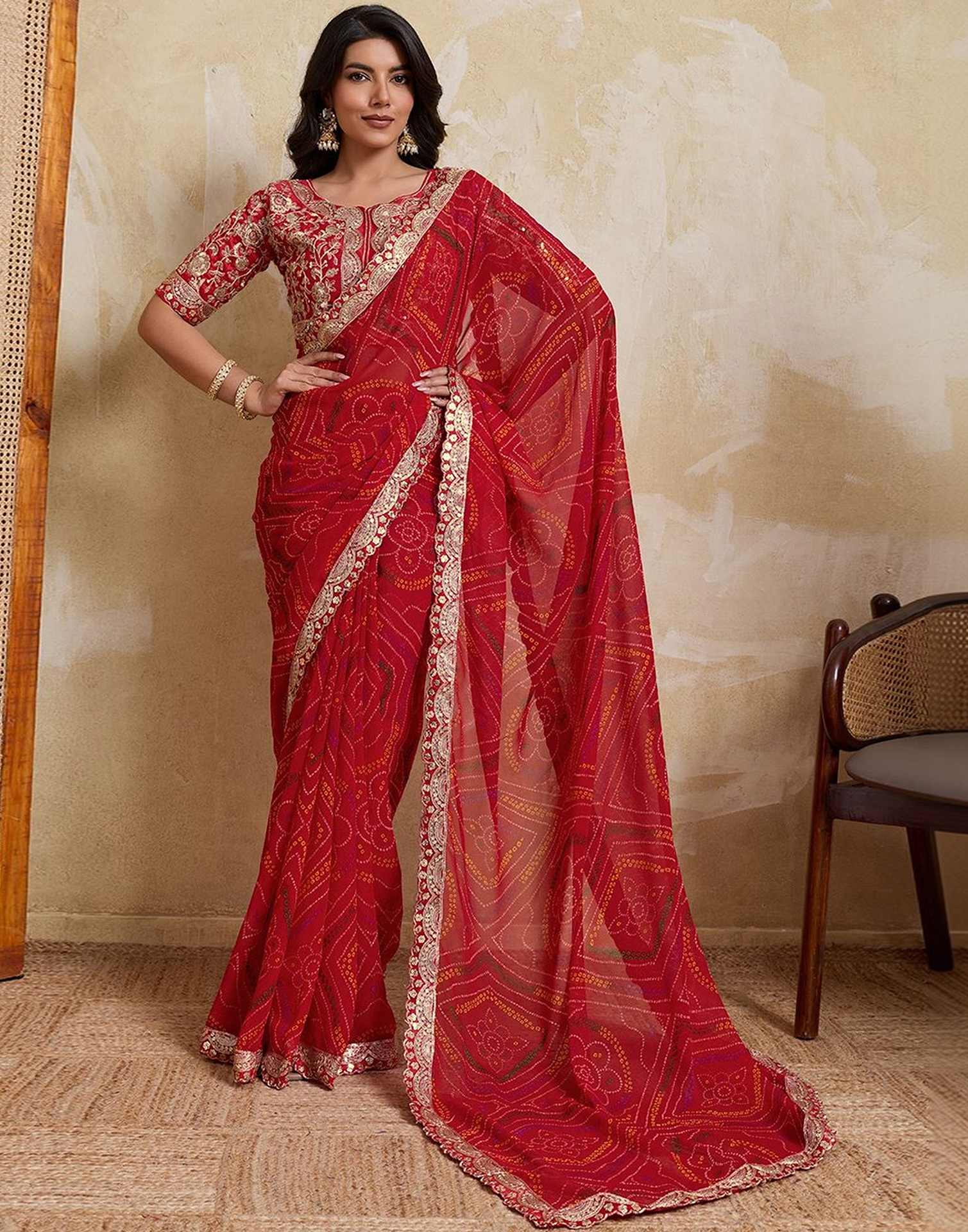 Red Georgette Bandhani Printed Saree