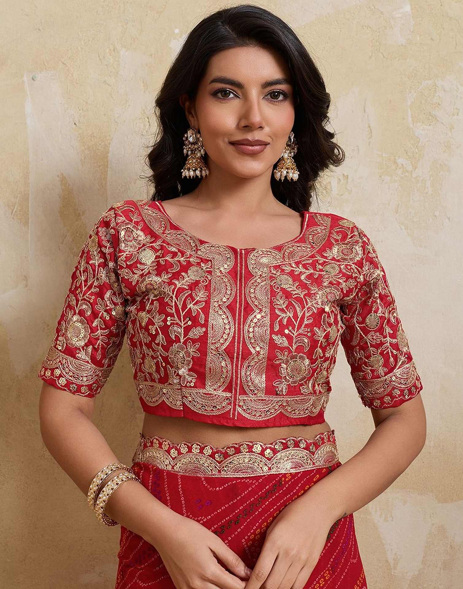 Red Georgette Bandhani Printed Saree