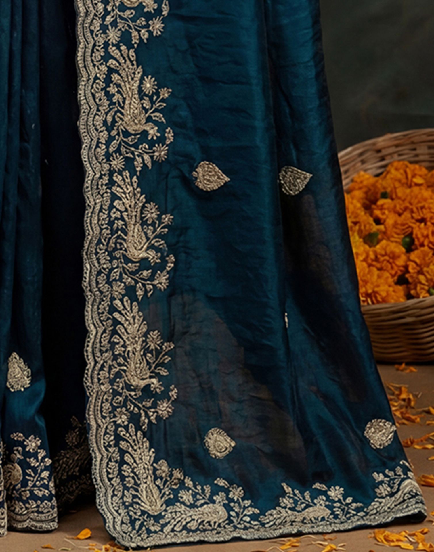 Navy Blue Tissue Silk Embroidery Saree