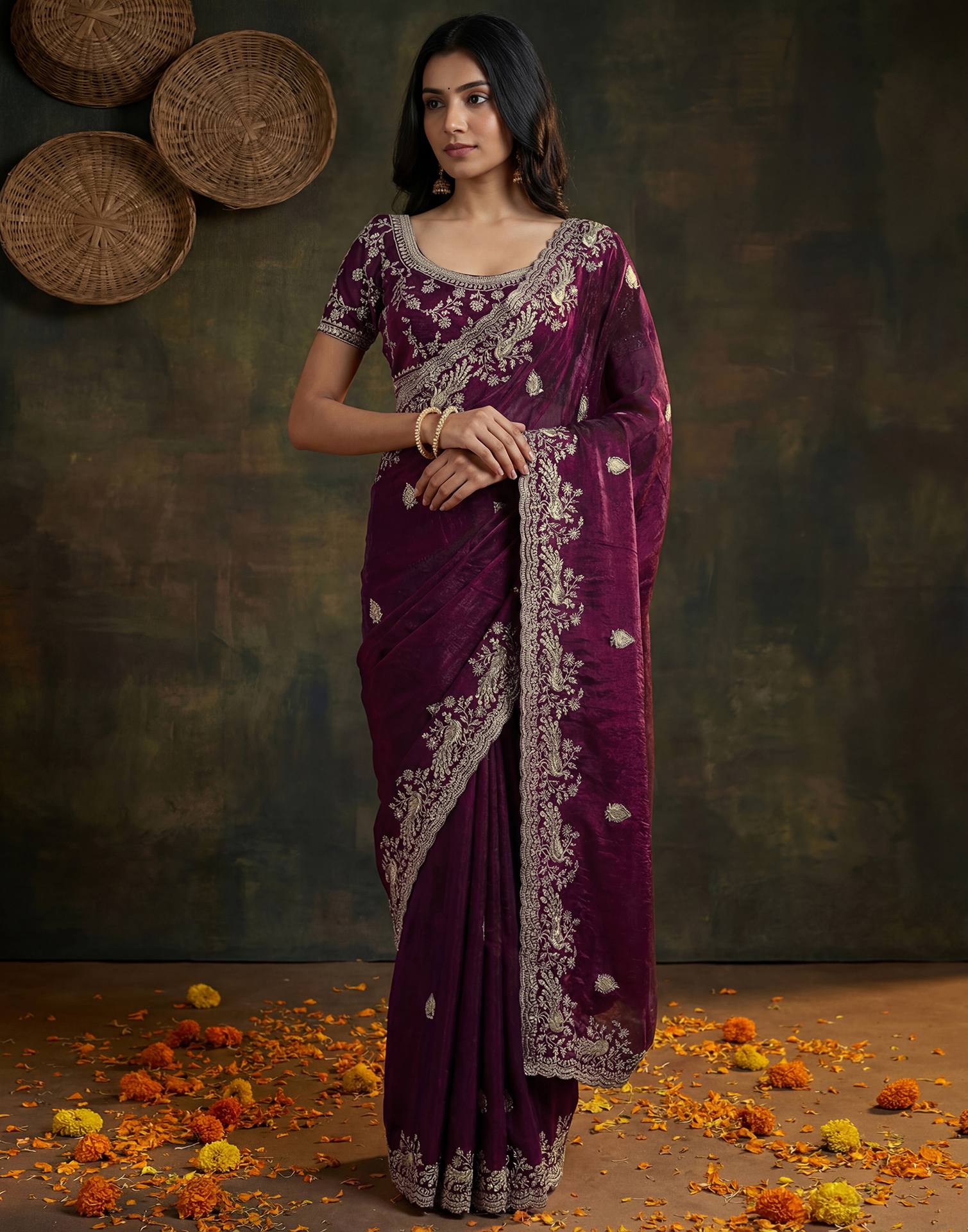 Wine Tissue Silk Embroidery Saree