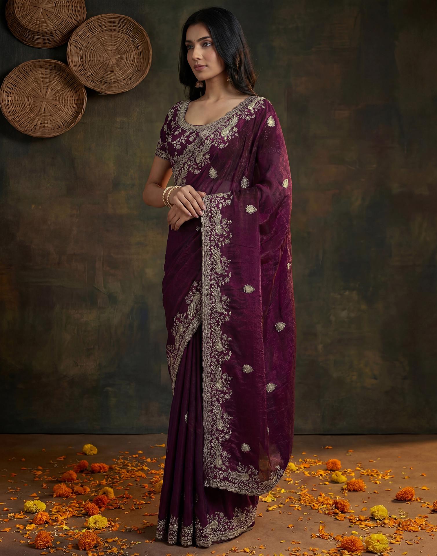 Wine Tissue Silk Embroidery Saree