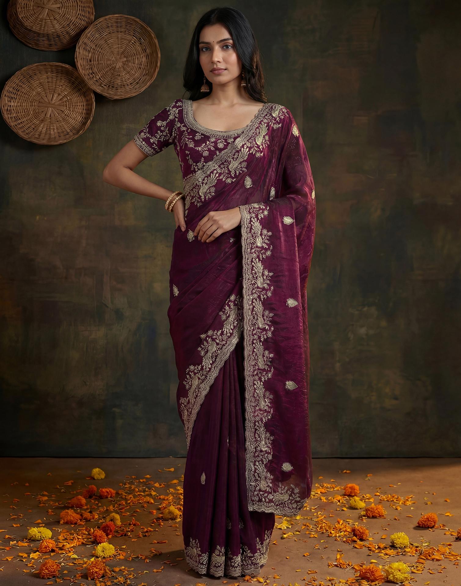 Wine Tissue Silk Embroidery Saree