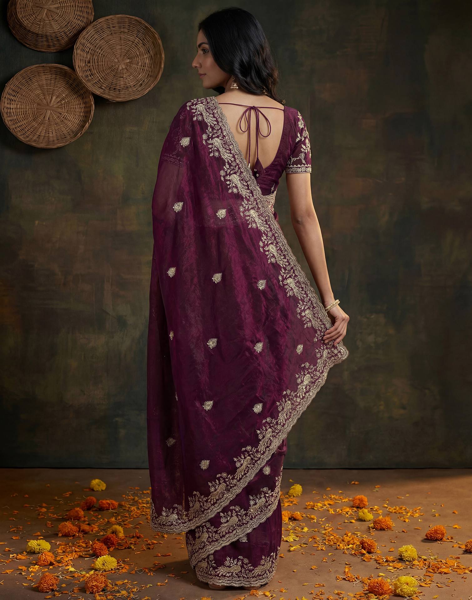 Wine Tissue Silk Embroidery Saree