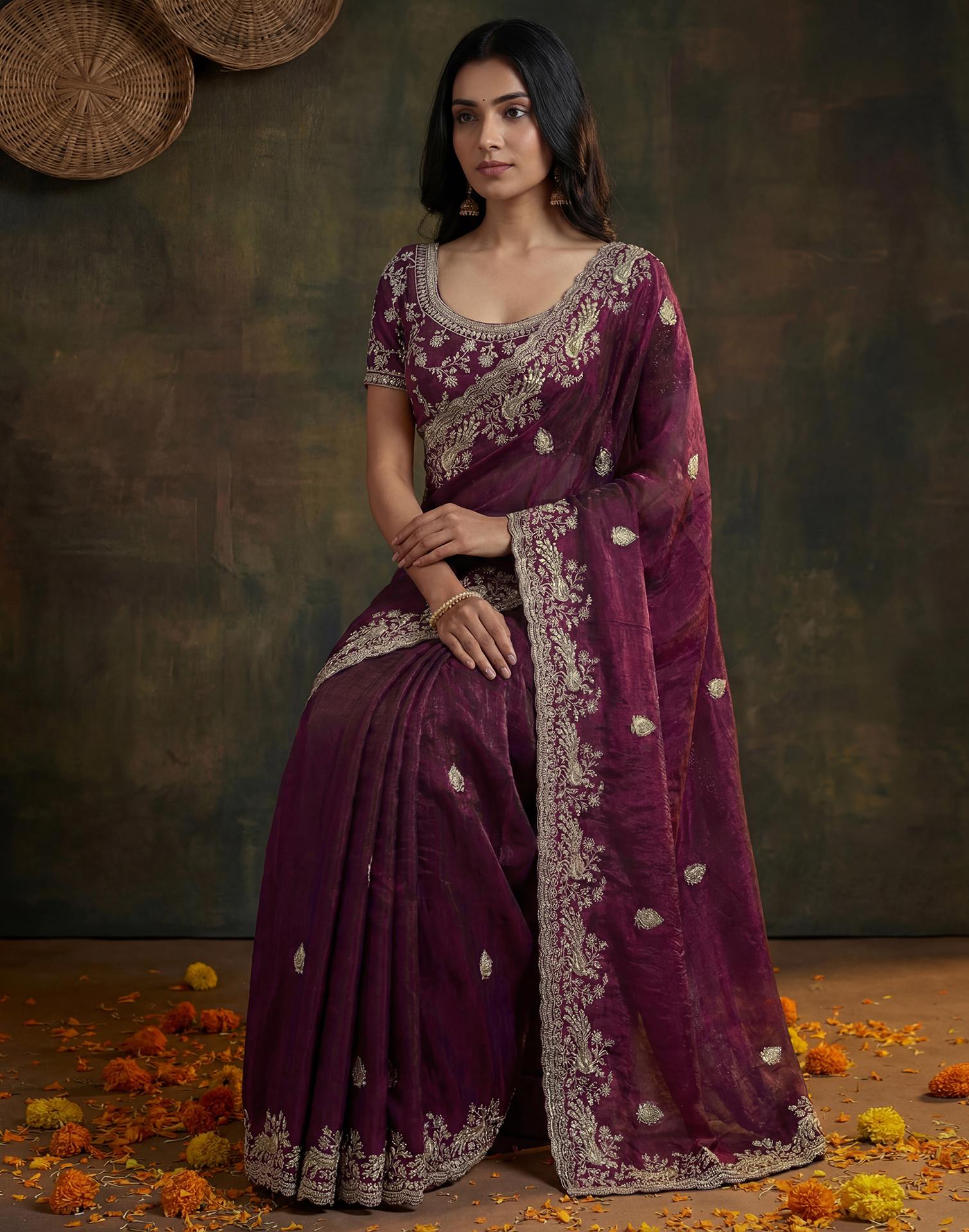 Wine Tissue Silk Embroidery Saree
