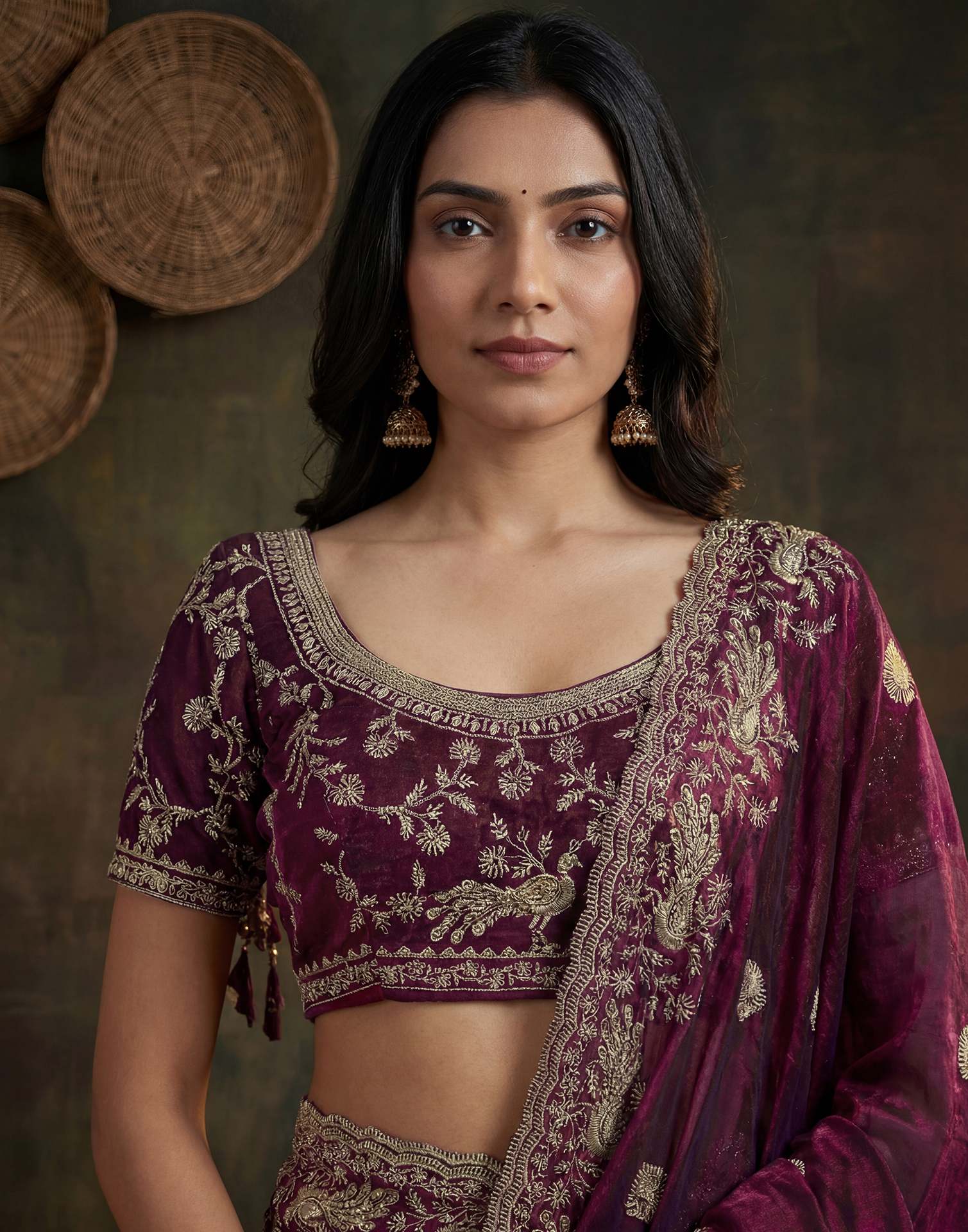 Wine Tissue Silk Embroidery Saree