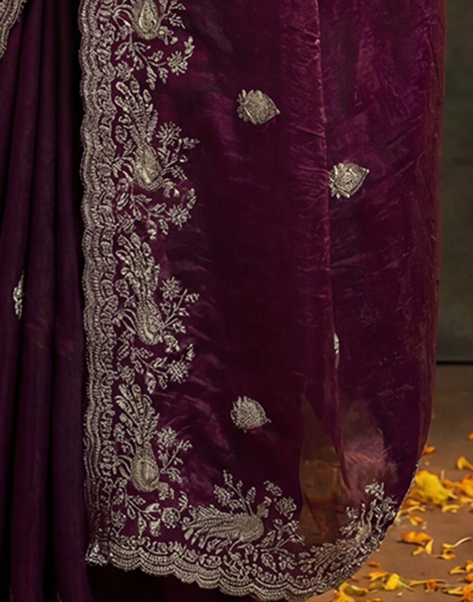 Wine Tissue Silk Embroidery Saree