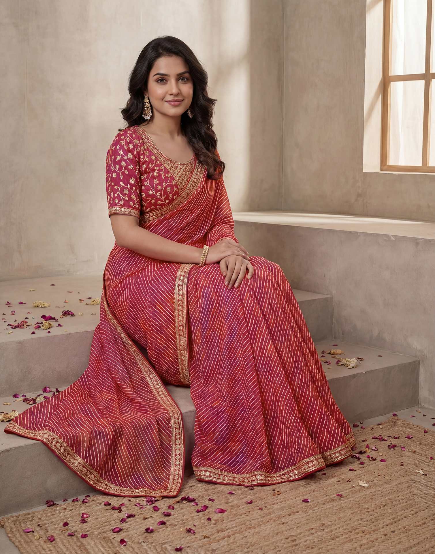 Pink Georgette Laheriya Printed Saree