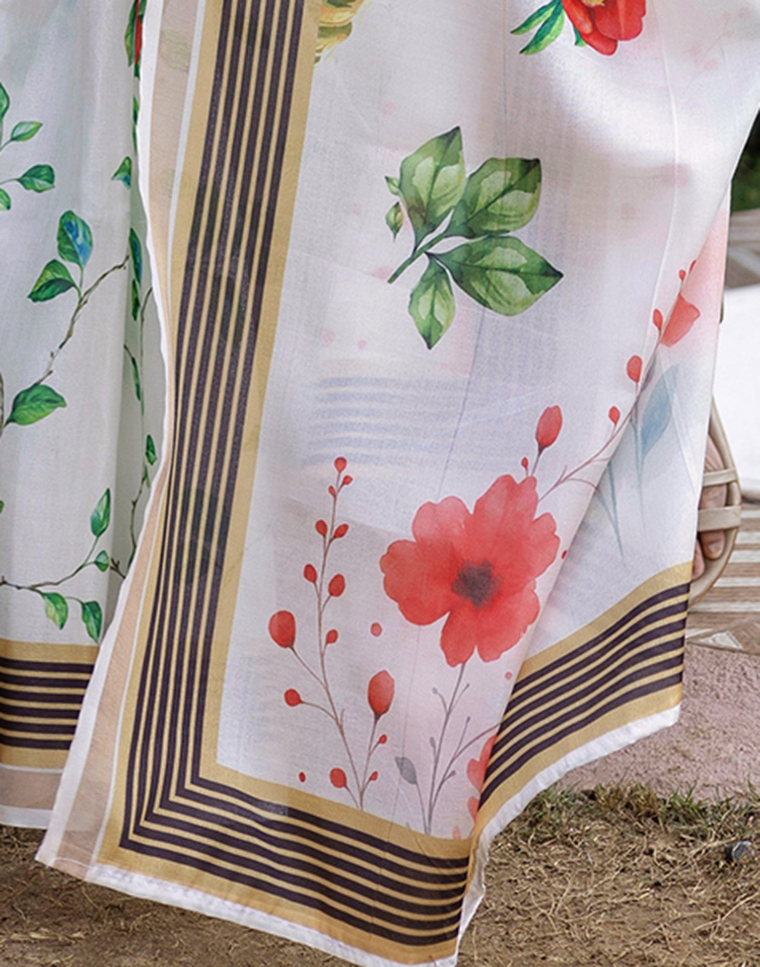 White Silk Floral Printed Saree