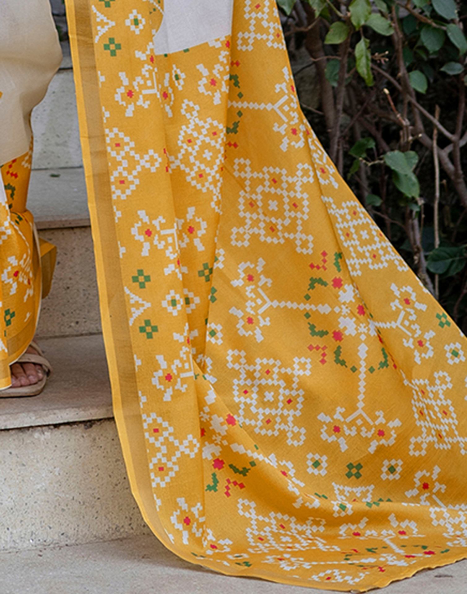White Silk Printed Saree