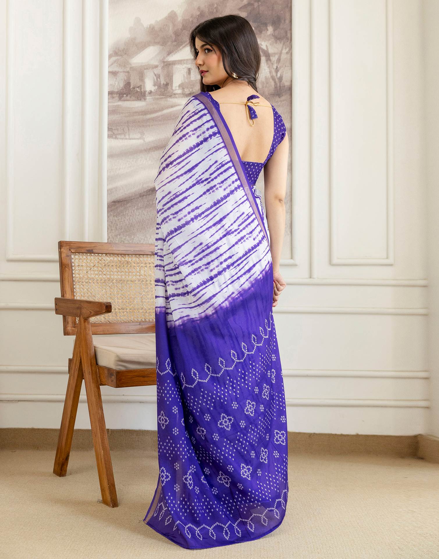 Off White Silk Bandhani Printed Zari Border Saree